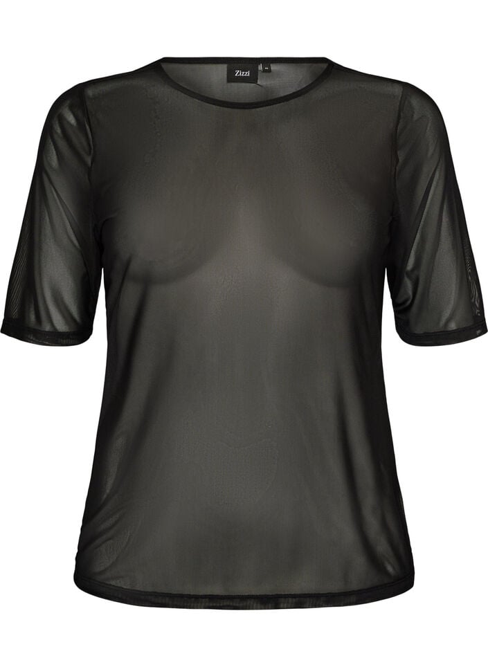 Meshbluse med korte &aelig;rmer og rund hals, Sort, Packshot image number 0