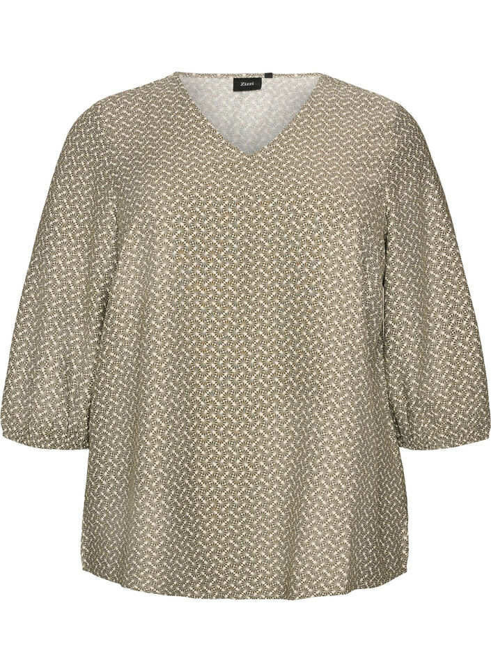 Viskosebluse med m&oslash;nster og 3/4-&aelig;rmer, Gr&oslash;n, Packshot image number 0