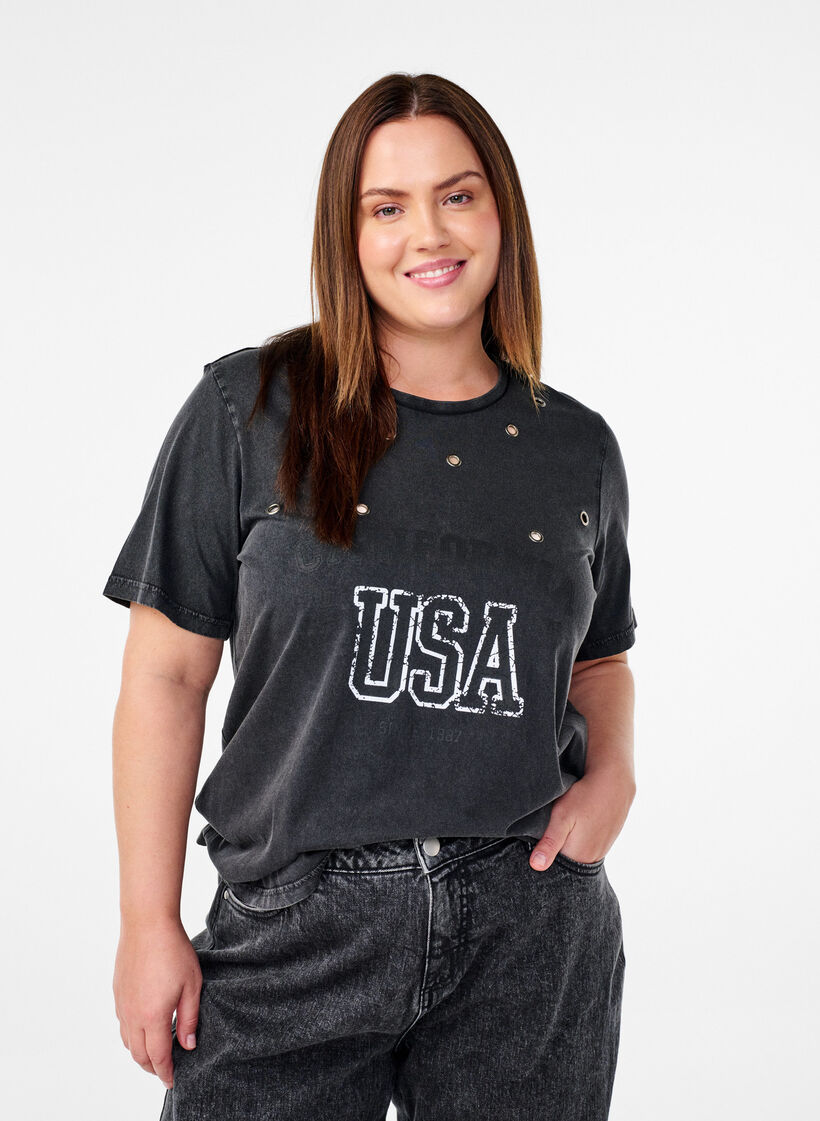 T-shirt med eyelets og print, Grey Washed , Model image number 0