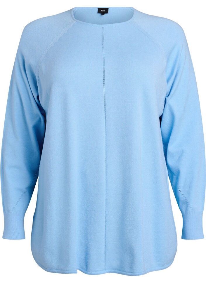 Strikbluse med rund hals og strikket m&oslash;nster, Bl&aring;, Packshot image number 0