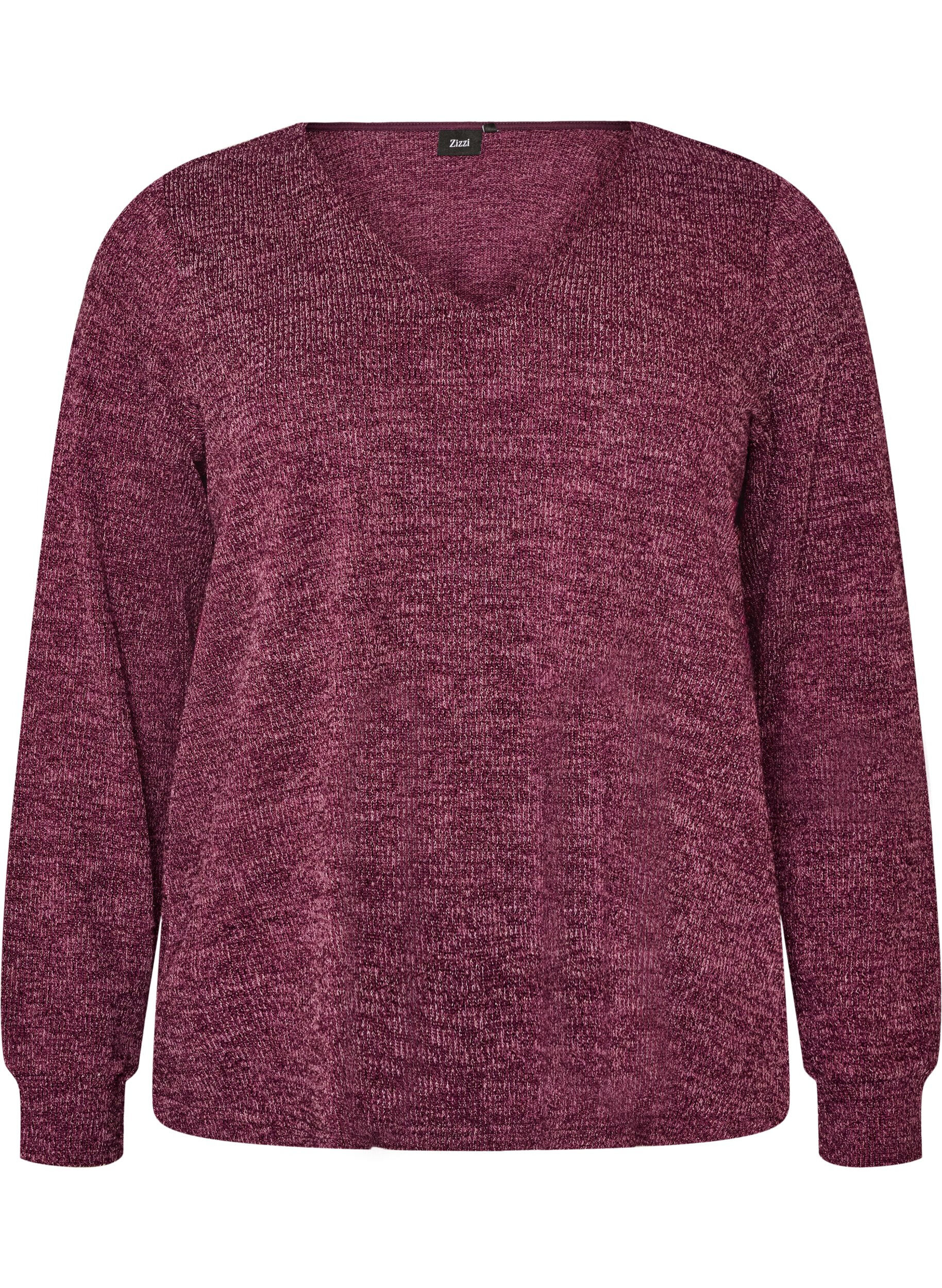 ZizziJerseybluse med V-hals og lange &aelig;rmer, M&oslash;rk Bordeaux, Packshot image number 0
