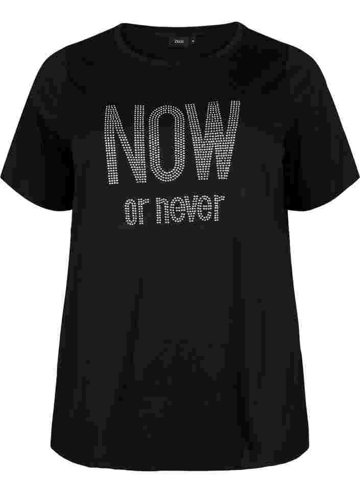 T-shirt med nitter i økologisk bomuld, Black NOW or never, Packshot image number 0