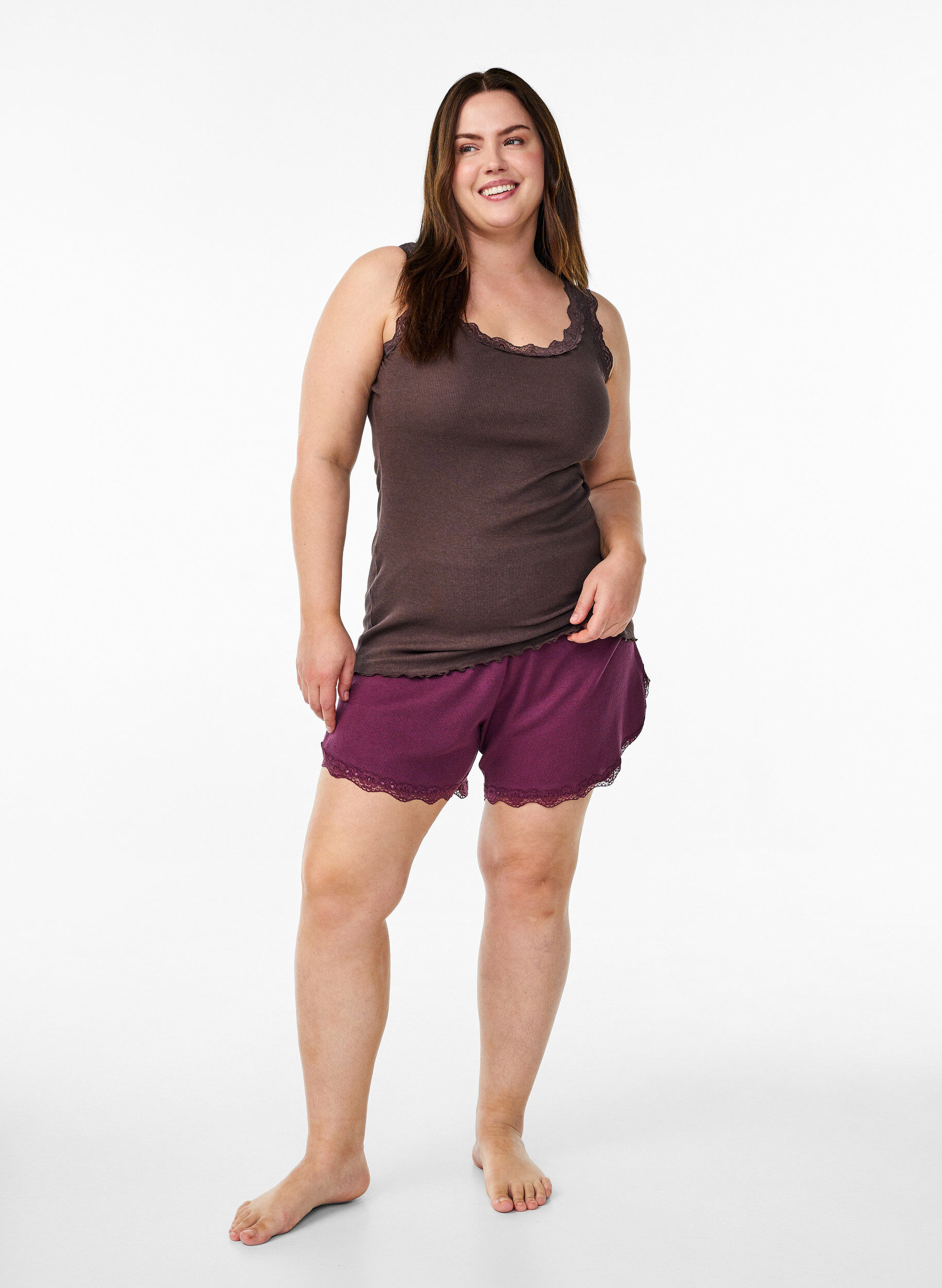 Zizzi Top med blondekant, Brun, Model image number 1