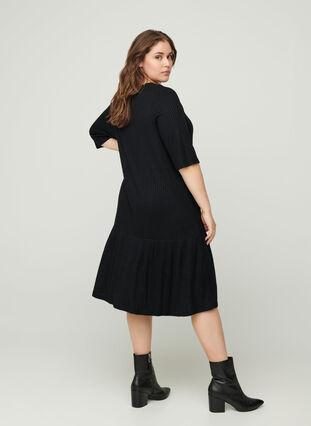 Rib kjole med 2/4 ærmer, Black, Model image number 1