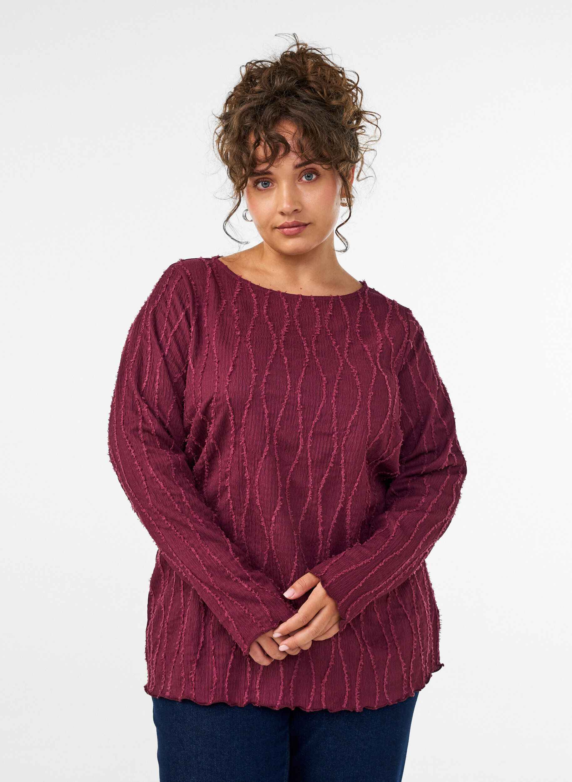 ZizziJerseybluse med b&oslash;lget struktur, R&oslash;d, Model image number 0