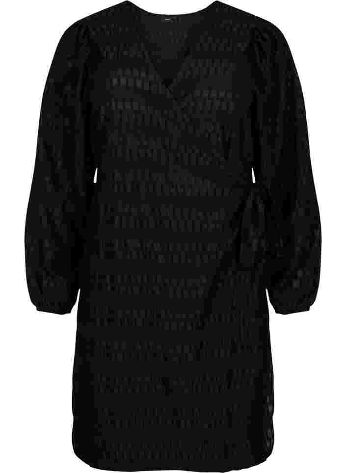 Wrapkjole med lange ærmer og strukturmønster, Black, Packshot image number 0