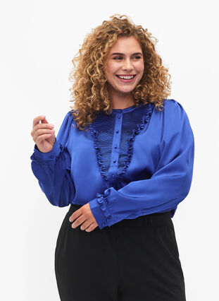 Skjortebluse i satin med flæsedetaljer, Deep Ultramarine, Model image number 2