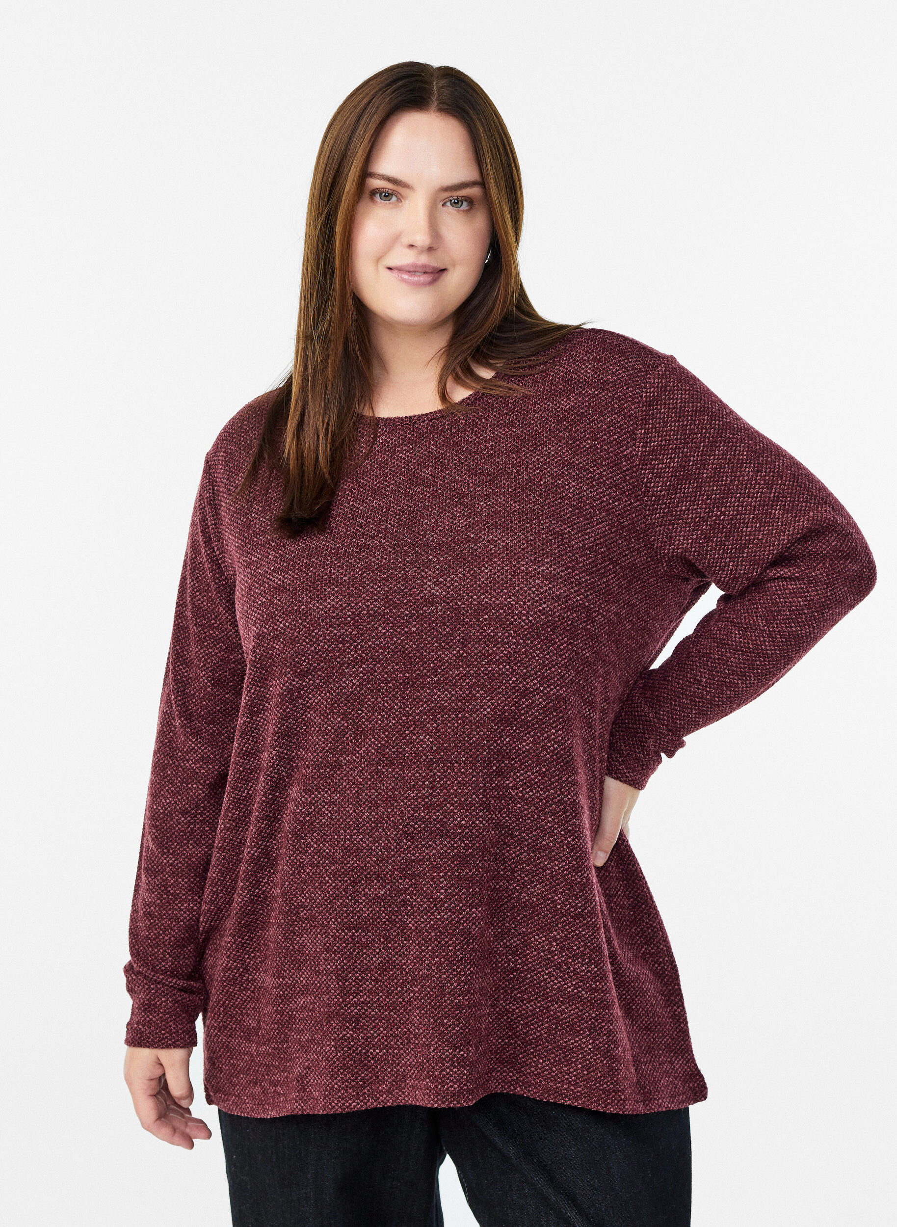 ZizziLang&aelig;rmet bluse med struktur, M&oslash;rk Bordeaux, Model image number 0
