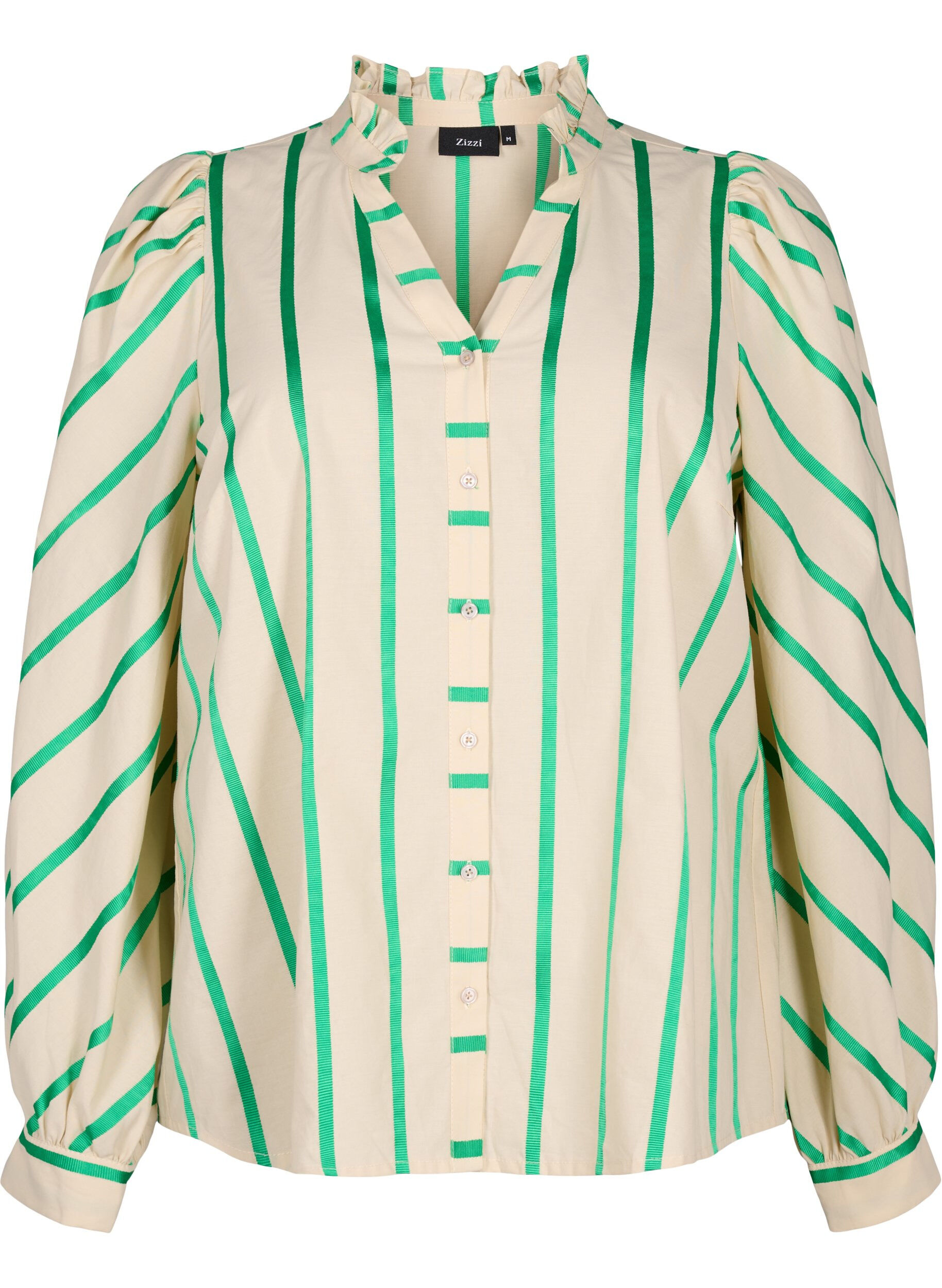 Zizzi Stribet skjortebluse i bomuld med fl&aelig;sekrave, Beige Green Stripe, Packshot image number 0