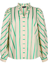 Stribet skjortebluse i bomuld med flæsekrave, Beige Green Stripe