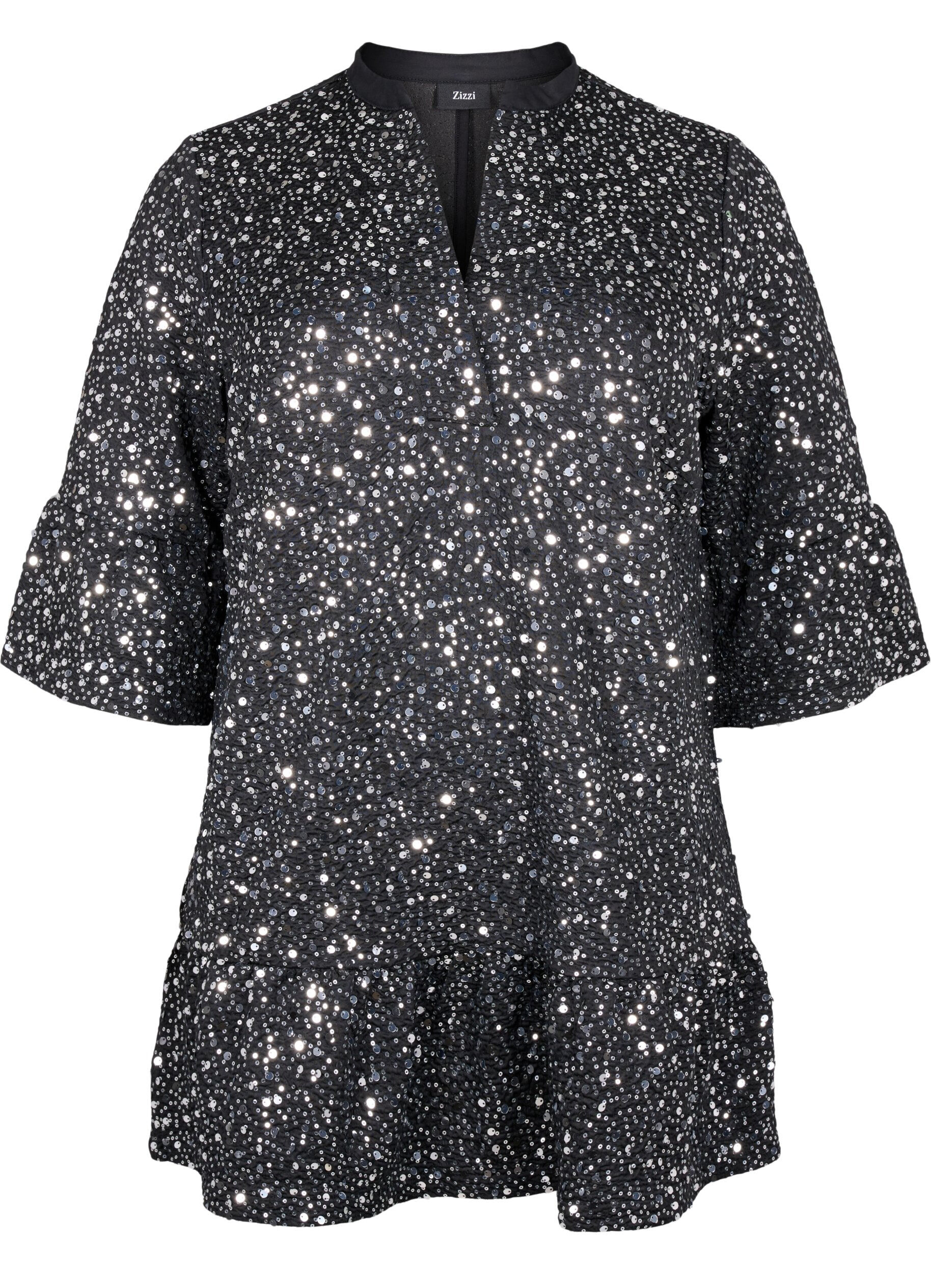 Zizzi Pailletkjole med V-udsk&aelig;ring og 3/4 &aelig;rmer, Black w. Sequins, Packshot image number 0
