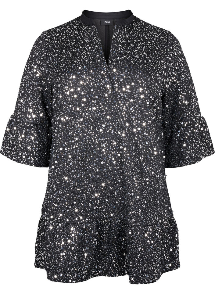 Pailletkjole med V-udskæring og 3/4 ærmer, Black w. Sequins, Packshot image number 0