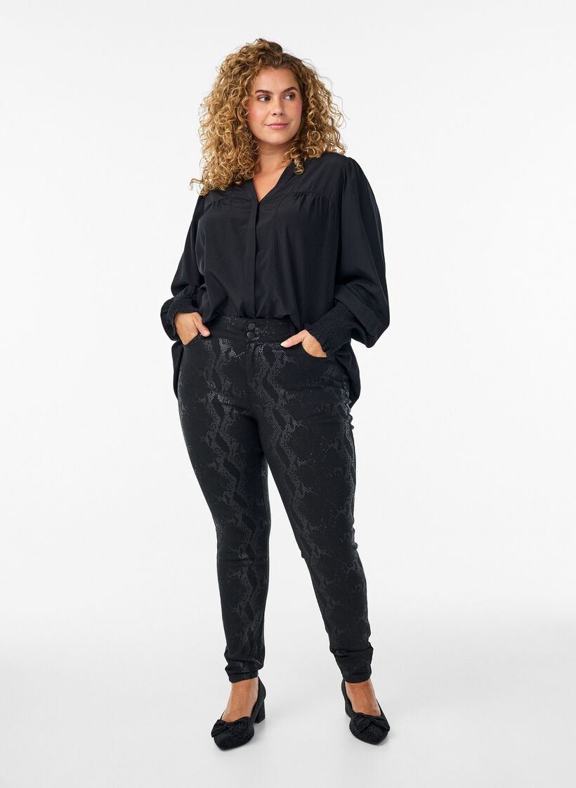 Skjortebluse med fl&aelig;sekrave og rynkedetaljer, Sort, Model image number 1