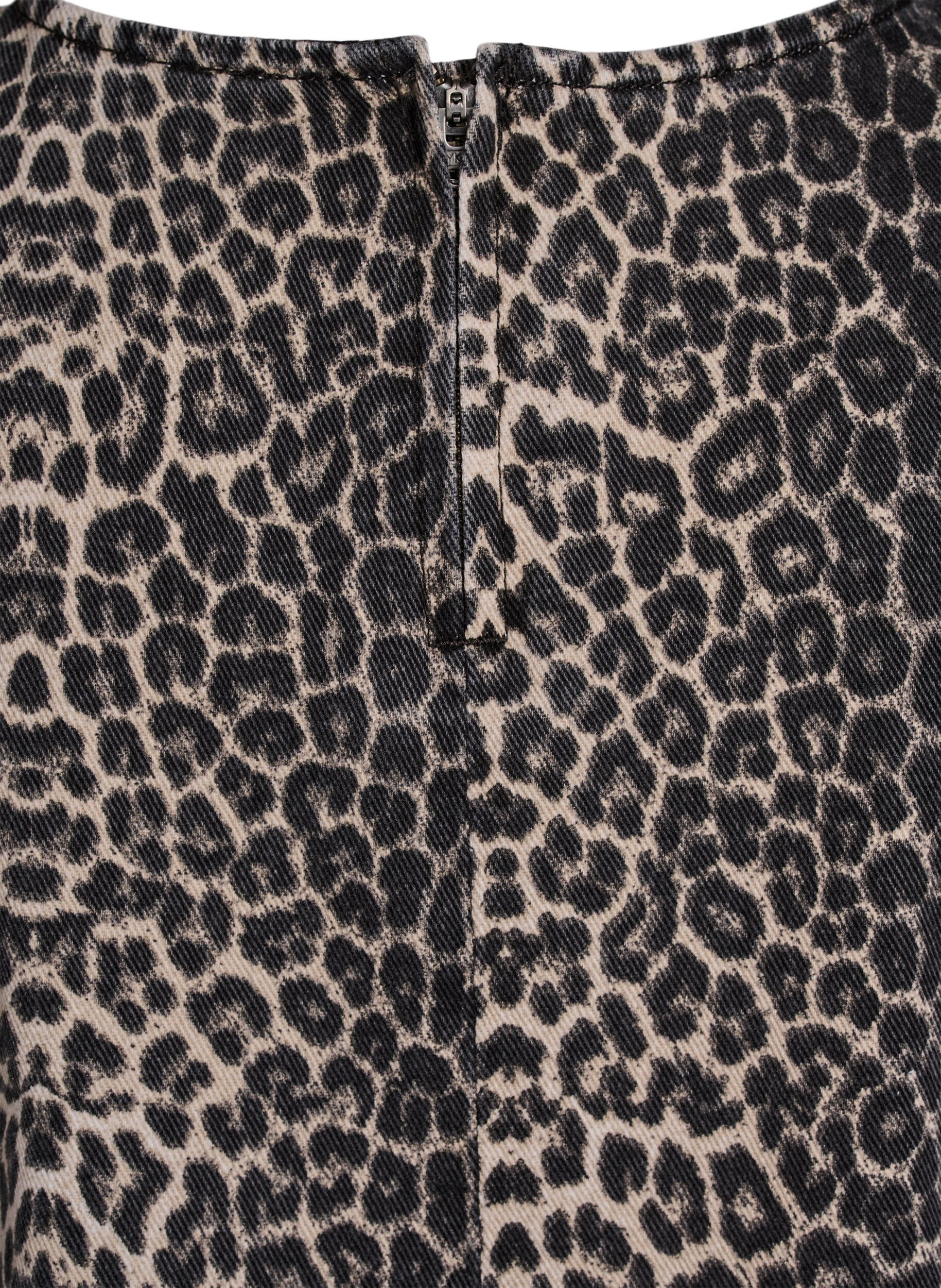 Zizzi &AElig;rmel&oslash;s leopardm&oslash;nstret top i denim, Brun, Packshot image number 3