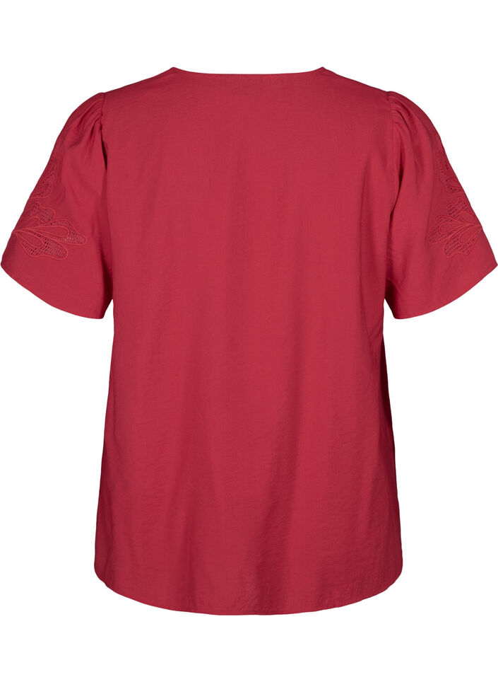Viskosebluse med korte ærmer og broderi, Rød, Packshot image number 1