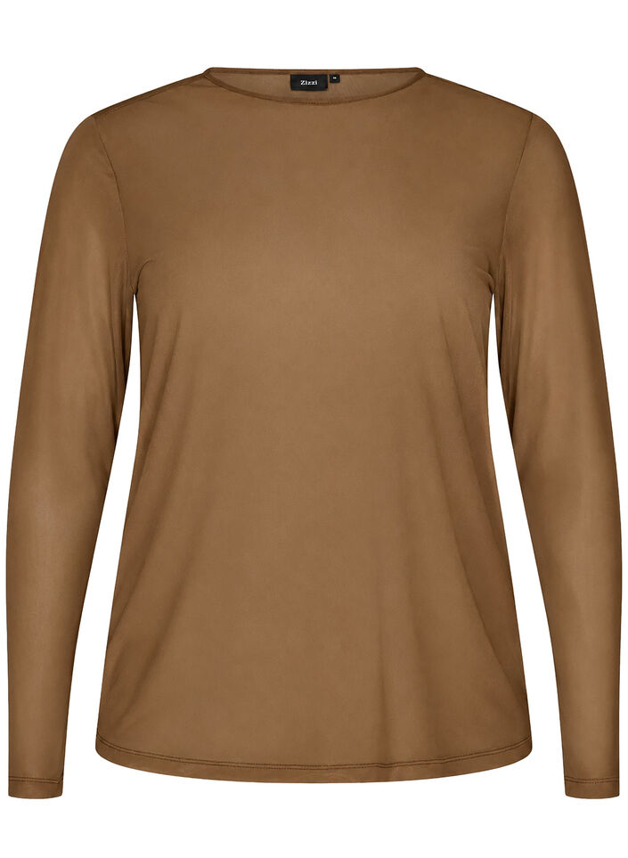 Meshbluse med lange &aelig;rmer, Brun, Packshot image number 0