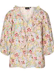 Skjortebluse i viskose med blomsterprint og 3/4 &aelig;rmer, Bl&aring;