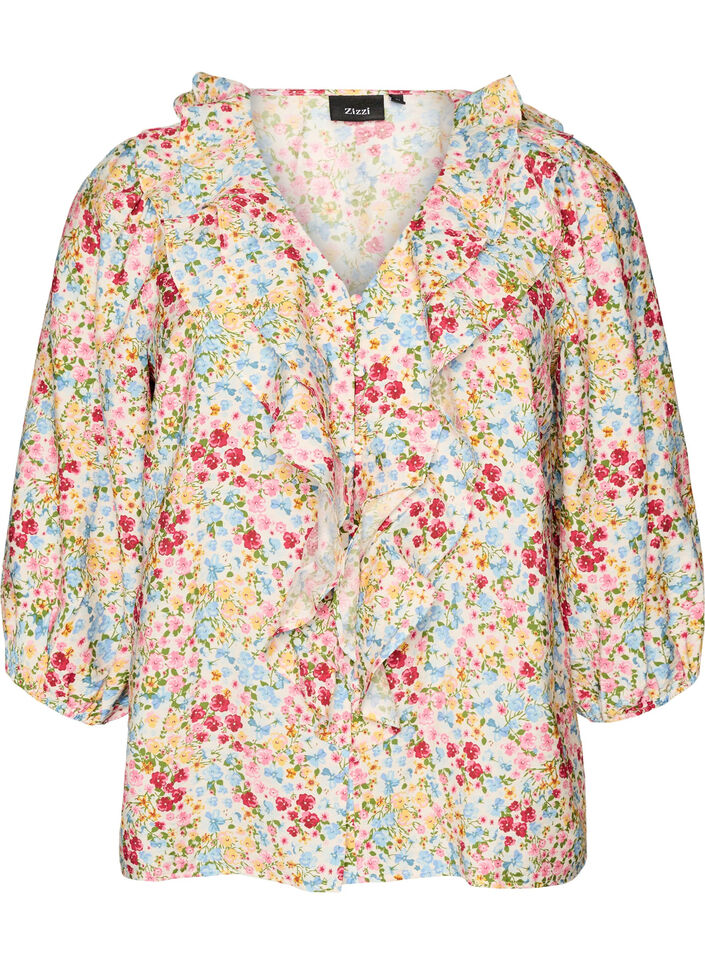 Skjortebluse i viskose med blomsterprint og 3/4 &aelig;rmer, Bl&aring;, Packshot image number 0