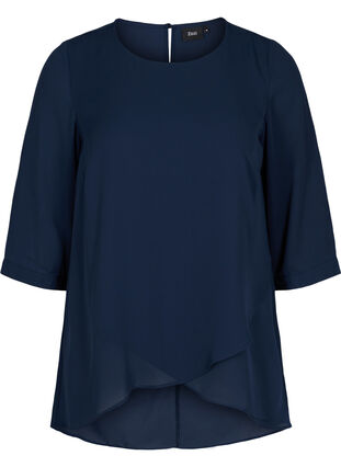 Bluse med 3/4 ærmer og asymmetrisk bund, Navy Blazer, Packshot image number 0