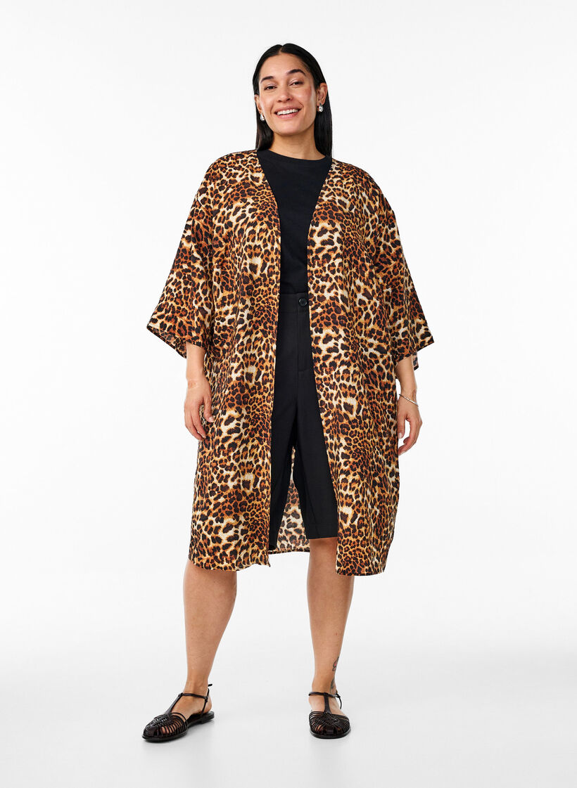 Kimono i viskose med 3/4 &aelig;rmer, Brun, Model image number 1