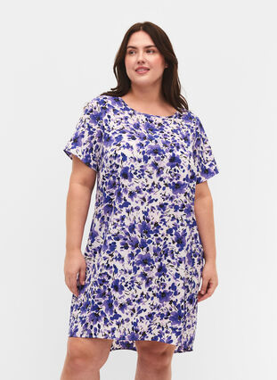 Printet kjole med korte ærmer, Purple Small Flower, Model image number 0