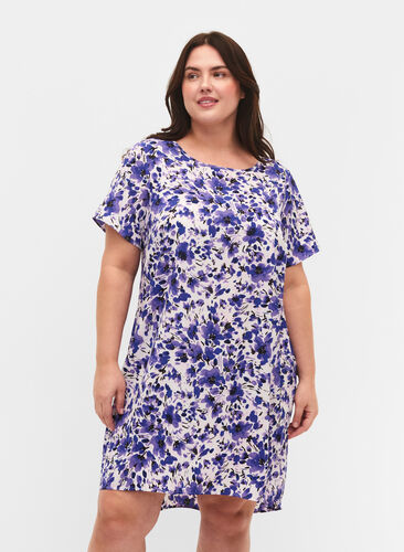 Printet kjole med korte ærmer, Purple Small Flower, Model image number 0