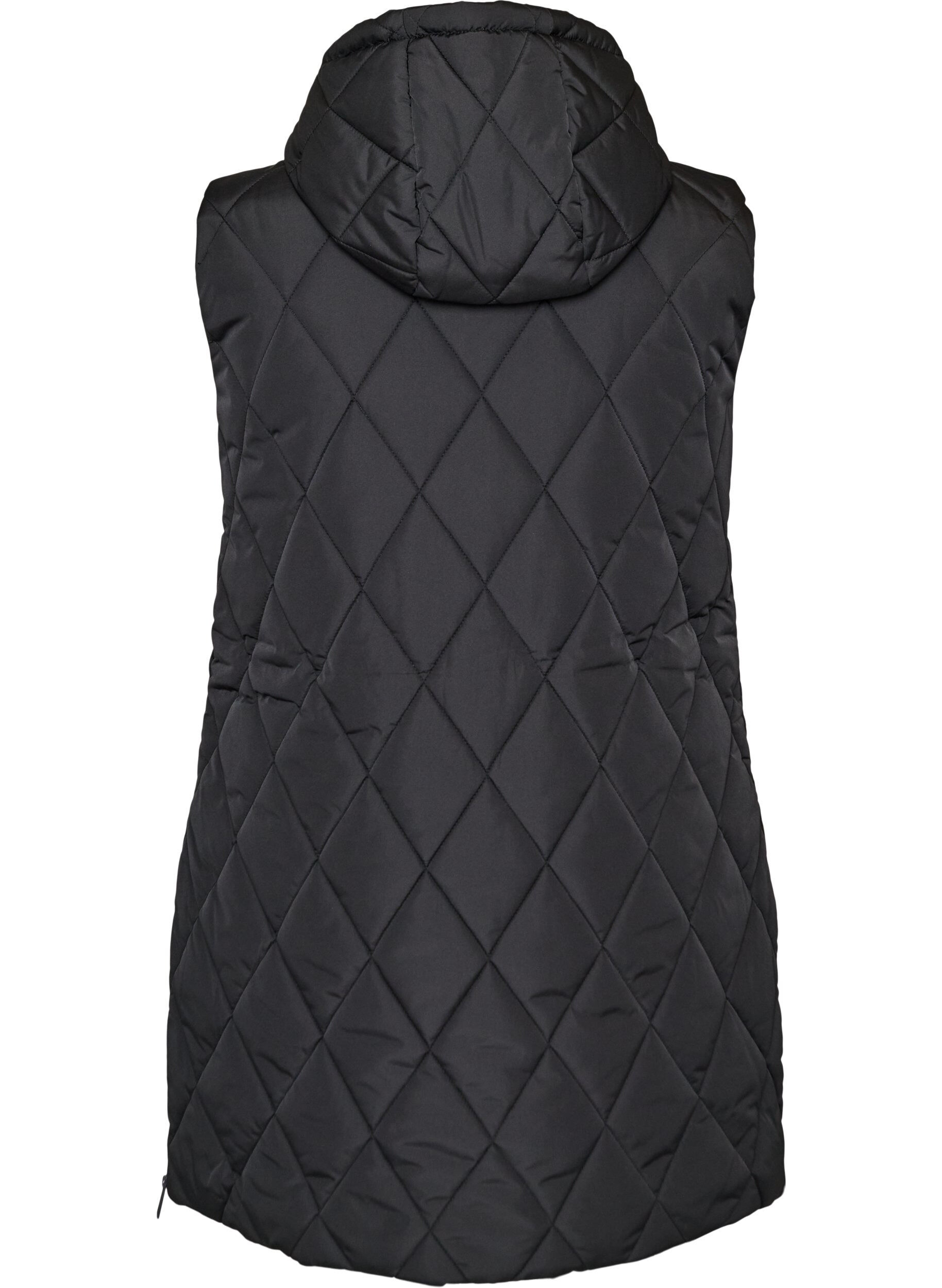 ZizziMellemlang quiltet vest med h&aelig;tte, Sort, Packshot image number 1