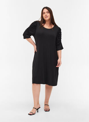 Ensfarvet kjole i viskose med 2/4 ærmer, Black, Model image number 3