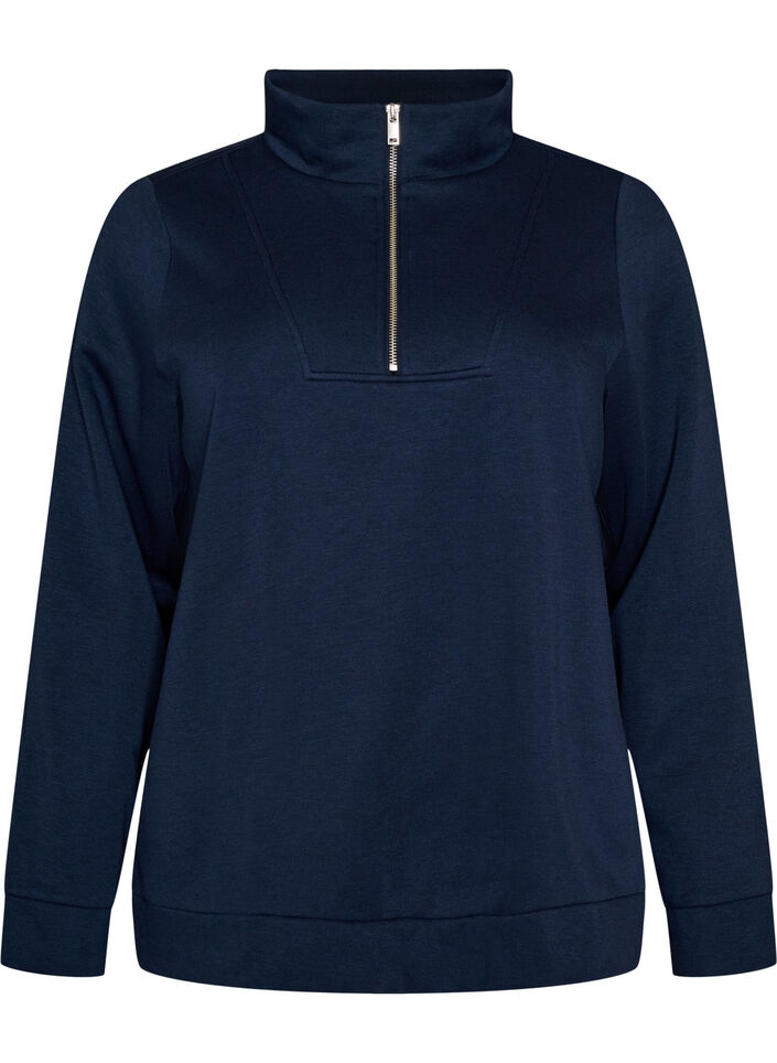 Sweatshirt med h&oslash;j krave og lynl&aring;s, Bl&aring;, Packshot image number 0