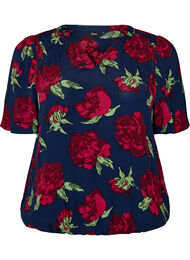 Viskosebluse med blomsterprint og ballonform, Bl&aring;