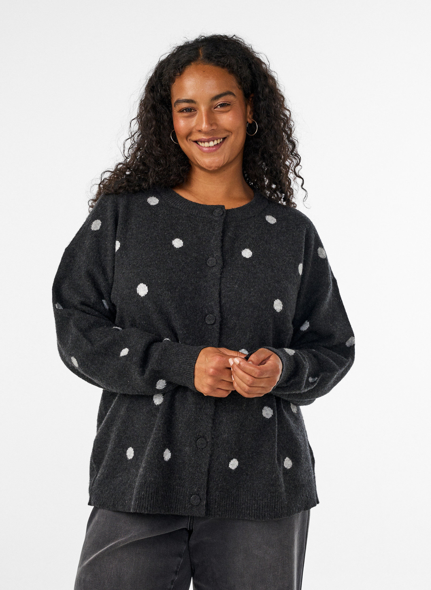 ZizziCardigan med prikket m&oslash;nster, Gr&aring;, Model image number 0