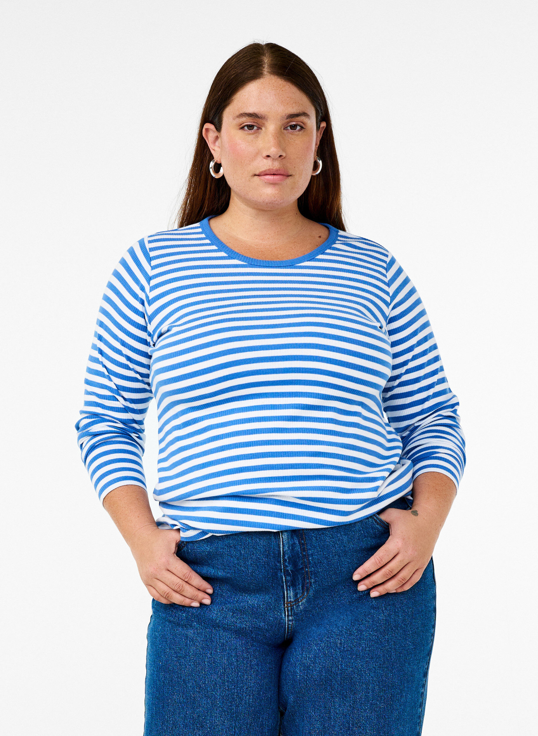 Zizzi Stribet bluse med lange &aelig;rmer, Bl&aring;, Model image number 0