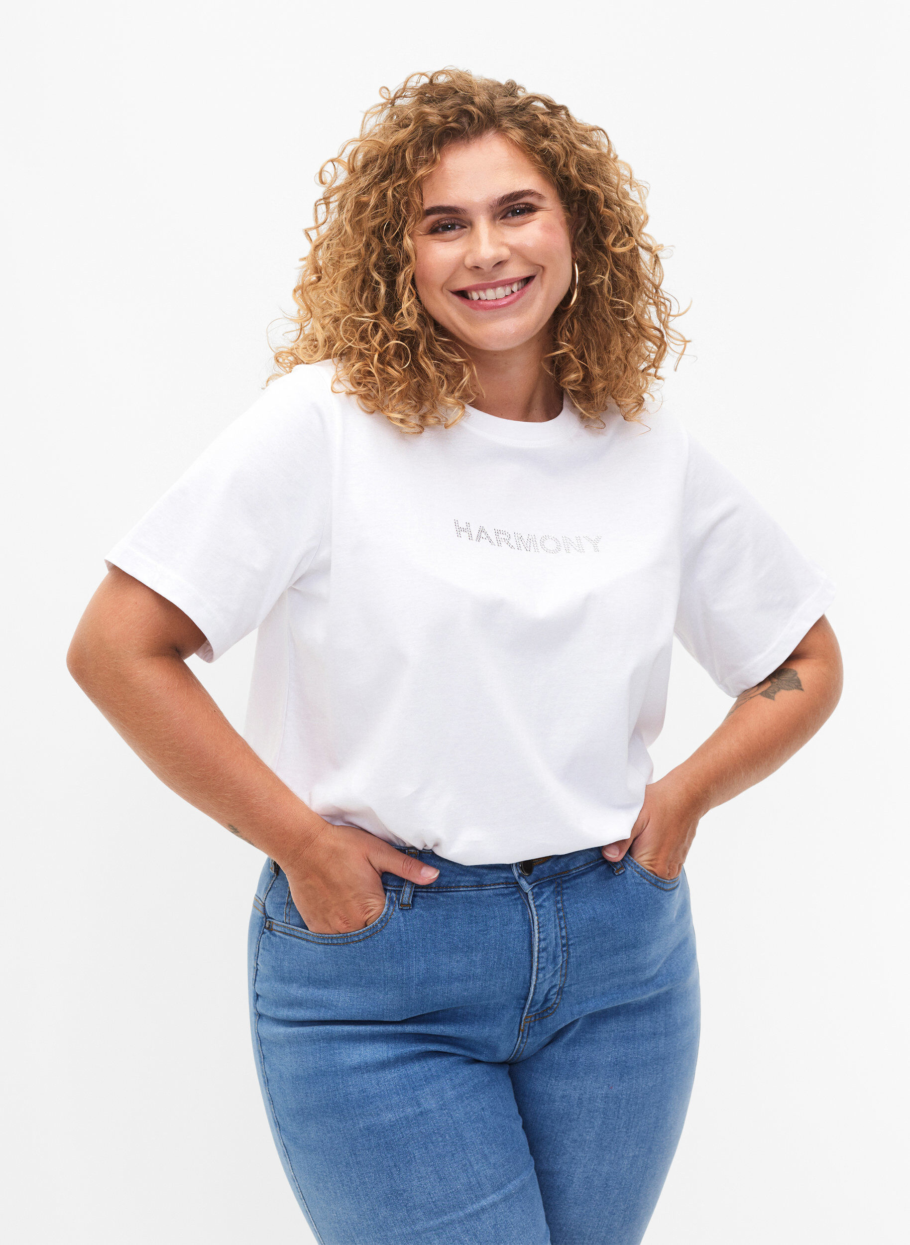 Zizzi &Oslash;kologisk bomulds t-shirt med tekst, White HARMONY, Model image number 0