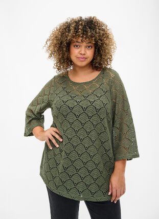 Crochet bluse med 3/4 ærmer, Thyme, Model image number 0