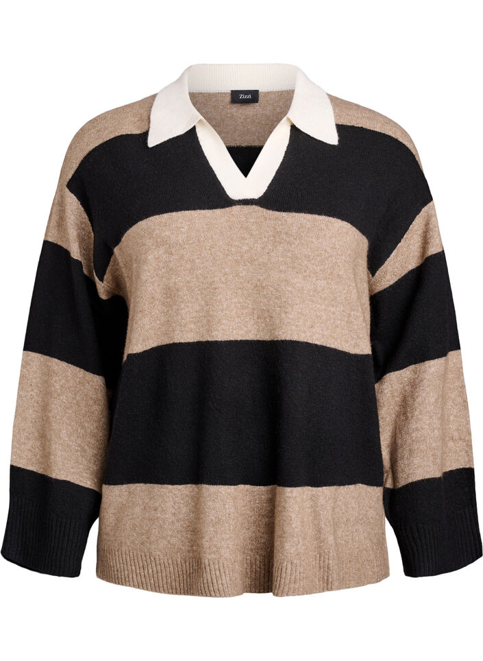 Strikbluse med krave og V-udskæring, Sort, Packshot image number 0