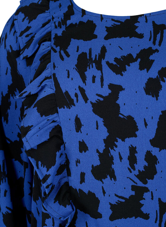 Langærmet bluse med flæser, Black Blue AOP, Packshot image number 2