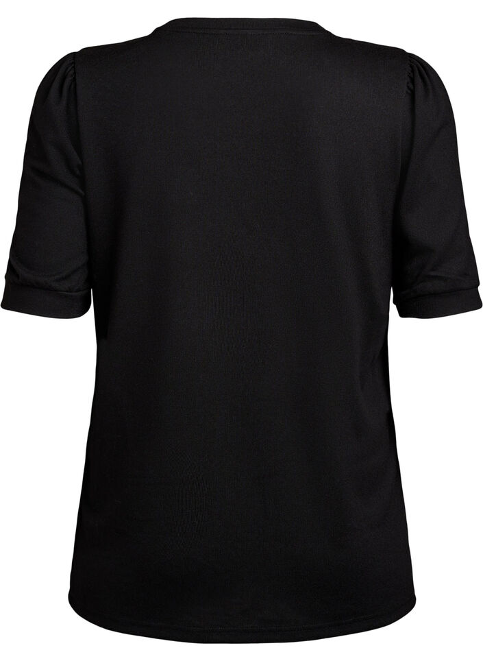 Bluse med knapdetalje og korte pufærmer, Sort, Packshot image number 1