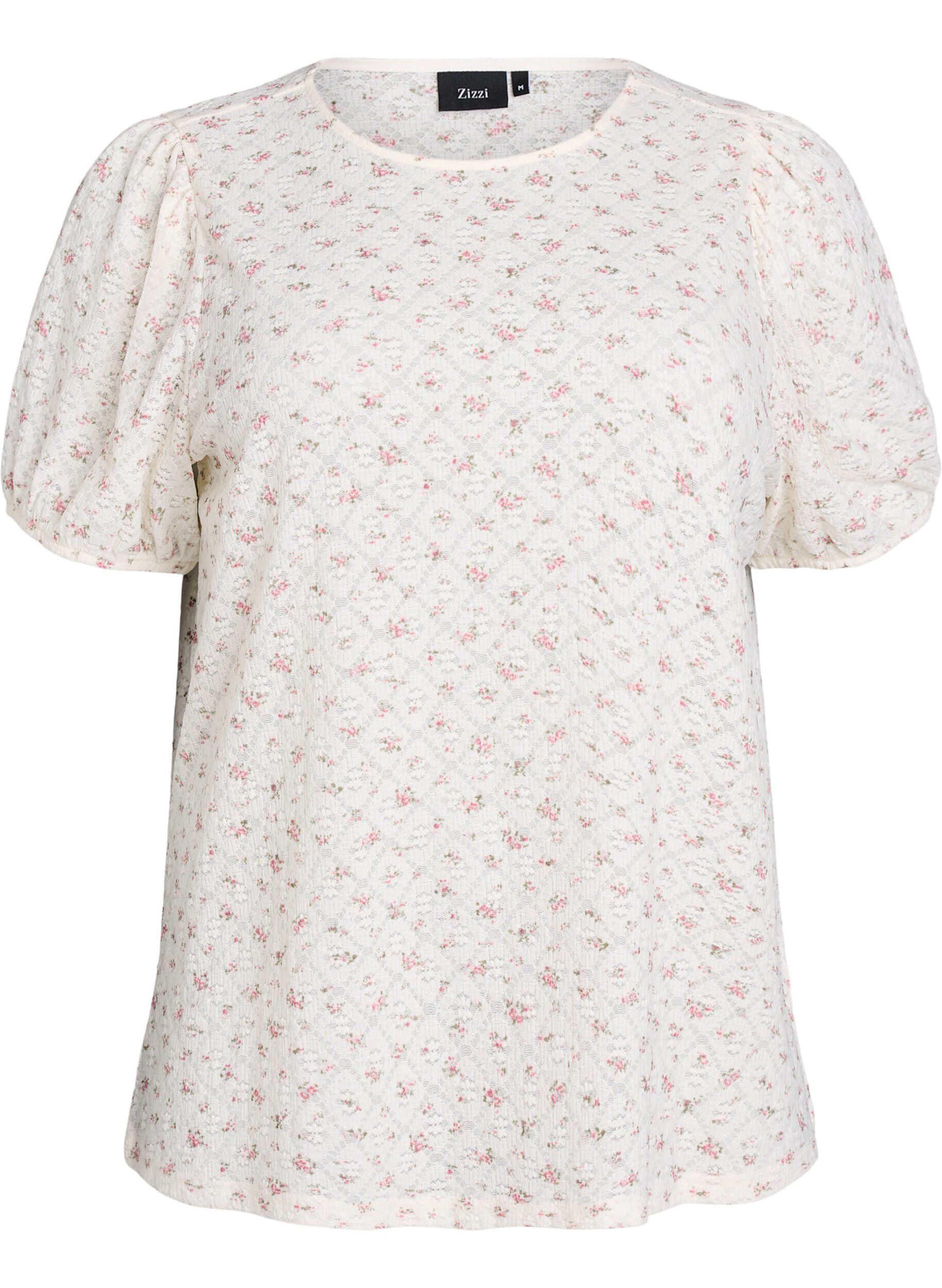 Kort&aelig;rmet jerseybluse med blomsterprint