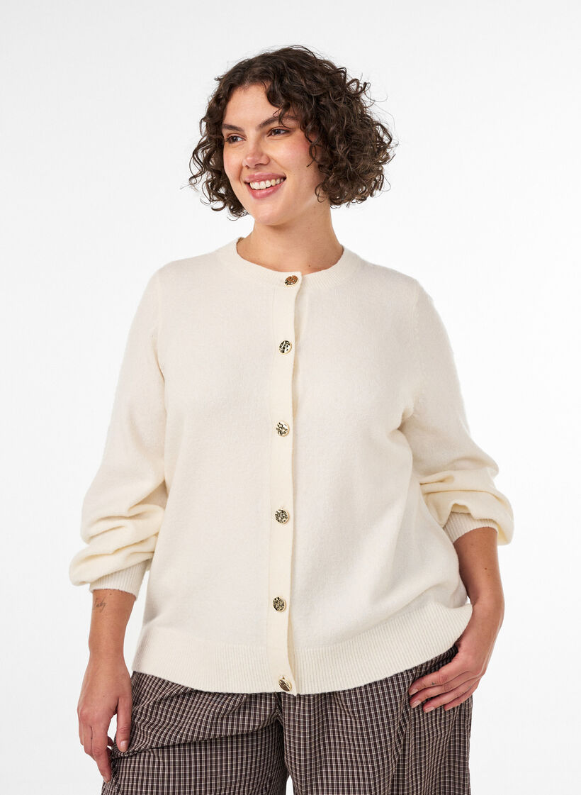 Cardigan i bl&oslash;d strik med guldfarvede knapper, Vanilla, Model image number 0