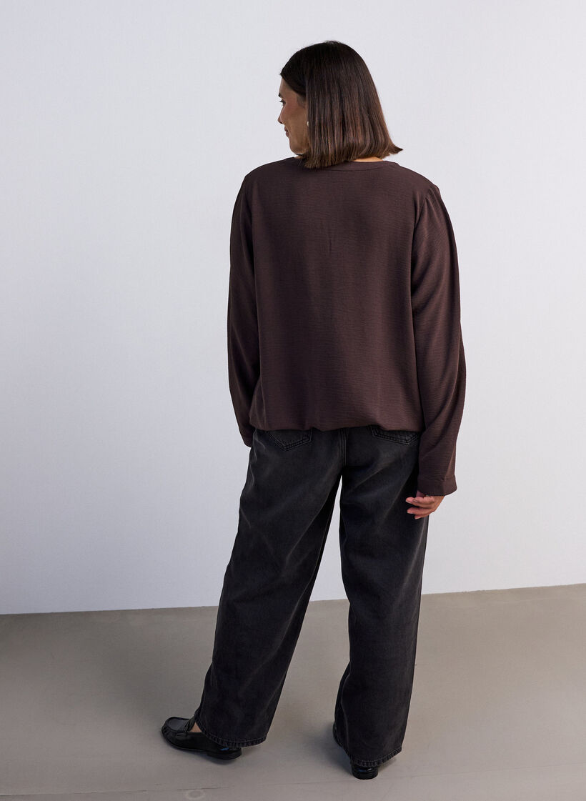 Bluse med ballonform og V-udsk&aelig;ring, Brun, Model image number 2