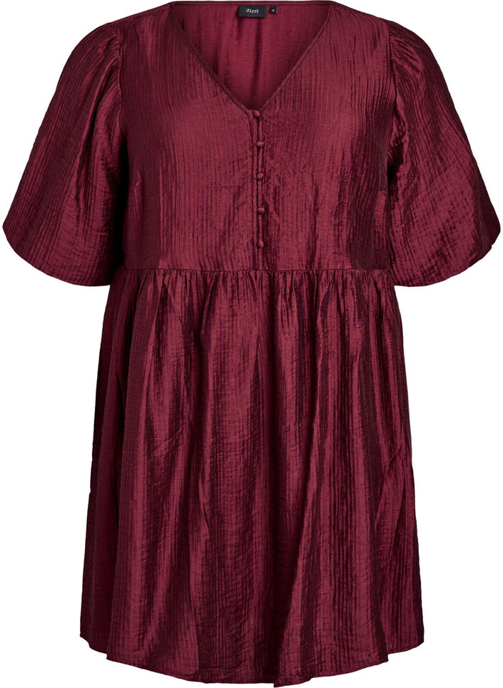 Kort kjole med struktur og korte ballonærmer, Rød, Packshot image number 0