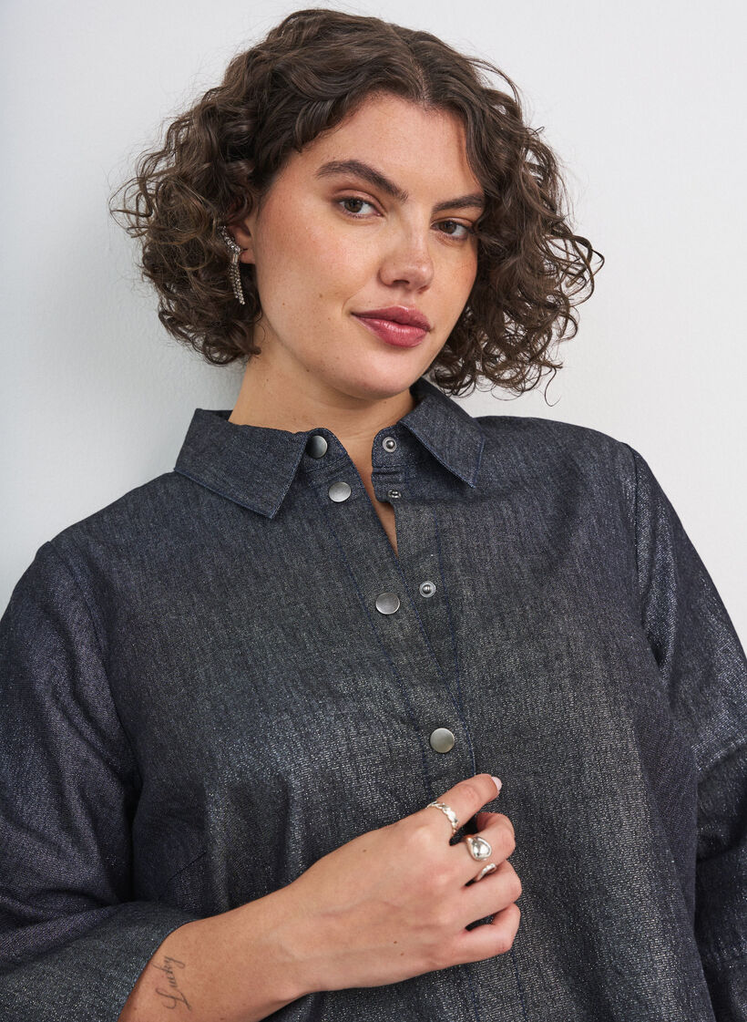 Denimskjorte med glimmertr&aring;d og 3/4-&aelig;rmer, Gr&aring;, Model image number 3