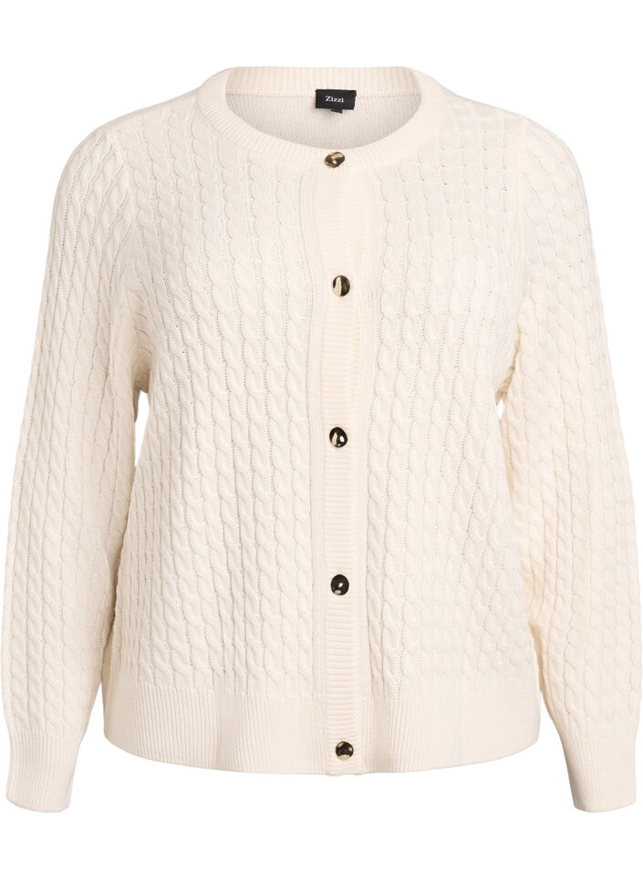 Kabelstrikket cardigan med gyldne knapper, Vanilla, Packshot image number 0