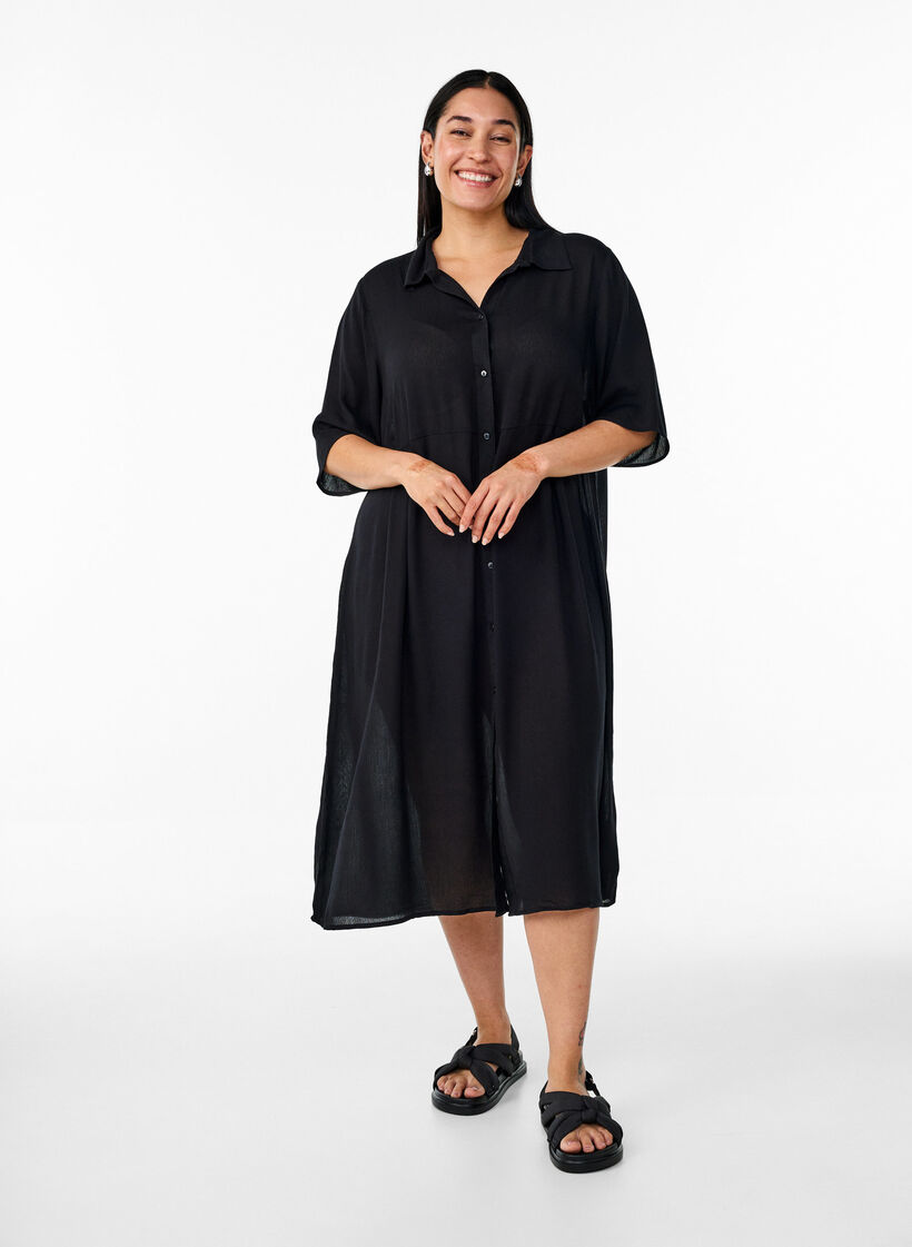Midilang skjortekjole med korte &aelig;rmer, Sort, Model image number 0