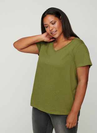 T-shirt med v-udskæring, Green, Model image number 0