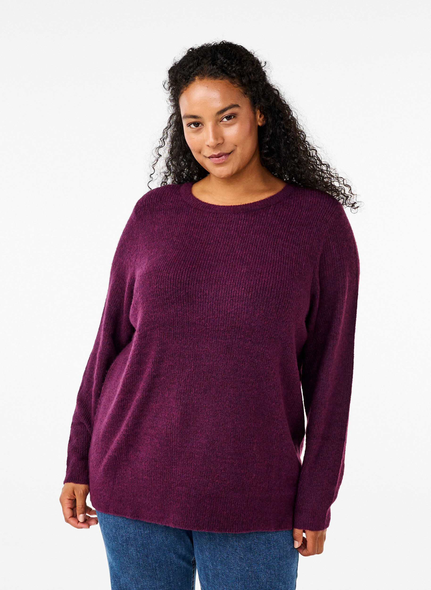 Zizzi Meleret strikbluse med rund hals, Potent Purple Mel., Model image number 0