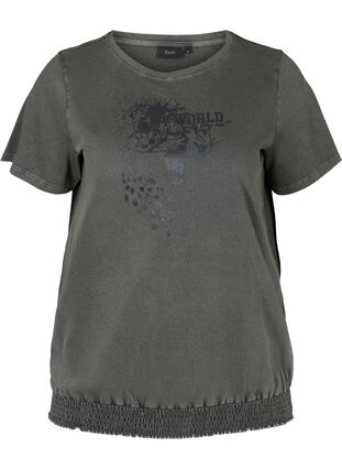 Kortærmet t-shirt med acid wash og smock, Dark grey acid wash, Packshot image number 0