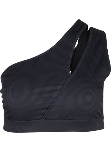 One-shoulder bikini top i rib, Black, Packshot image number 0