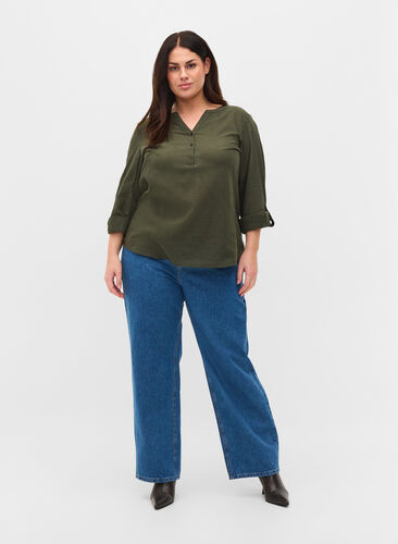 Straight jeans med høj talje, Blue denim, Model image number 0