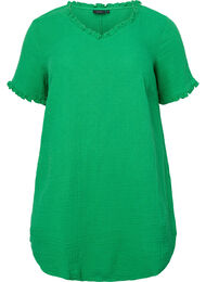 Kortærmet bomulds tunika med flæser, Bright Green